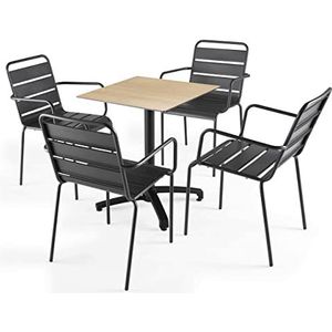 Oviala Business Eiken natuur laminaat terrastafel en 4 grijze fauteuils - Oviala - grijs Metaal 110163