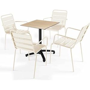 Oviala Business Eiken natuur laminaat terrastafel en 4 ivoorkleurige fauteuils - Oviala - beige Metaal 110167