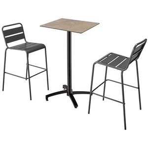 Oviala Beige marmer laminaat hoge tafel en 2 hoge stoelen grijs