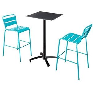 Oviala Business Zwart gelamineerde hoge tafel set met 2 blauwe hoge stoelen - blauw Metaal 110530