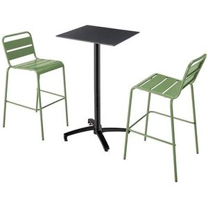 Oviala Business Set van hoge tafel in zwart laminaat en 2 cactusgroene hoge stoelen - groen Metaal 110534