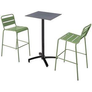 Oviala Business Set van hoge tafel in grijs laminaat en 2 cactusgroene hoge stoelen - groen Metaal 110543