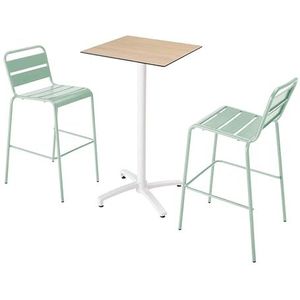 Oviala Business Set hoge tafel in naturel eiken laminaat en 2 saliegroene stoelen - groen Metaal 110554
