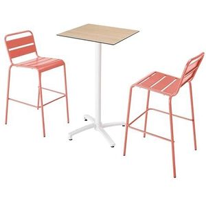 Oviala Business Set hoge tafel in gelamineerd natuurlijk eikenhout en 2 clay stoelen - roze Metaal 110555