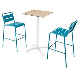 Oviala Business Set van hoge tafel in naturel eiken en 2 Pacific blauwe stoelen - blauw Metaal 110560