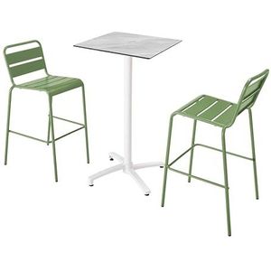 Oviala Business Set van hoge tafel in marmerlaminaat en 2 cactusgroene hoge stoelen - groen Metaal 110565