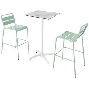 Oviala Business Set van hoge tafel in marmerlaminaat en 2 saliegroene hoge stoelen - groen Metaal 110569