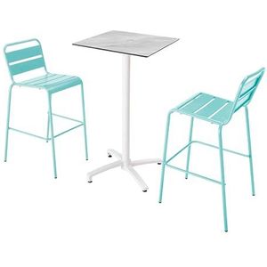 Oviala Business Set van hoge tafel in marmerlaminaat en 2 turquoise hoge stoelen - blauw Metaal 110570