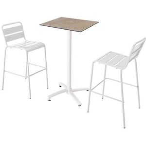 Oviala Business Set van hoge tafel in beige marmerlaminaat en 2 witte hoge stoelen - wit 110575