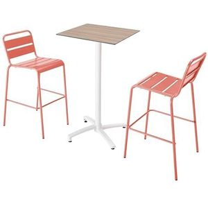 Oviala Business Hoge tafel in licht eiken laminaat en 2 hoge stoelen in klei - roze Metaal 110595