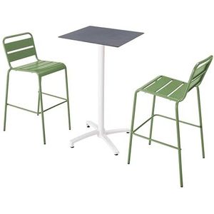 Oviala Business Set van hoge tafel in grijs leisteenlaminaat en 2 cactusgroene stoelen - groen Metaal 110605