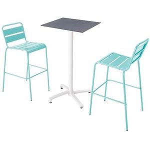 Oviala Business Set van hoge tafel in leisteenlaminaat en 2 turkooisblauwe stoelen - blauw Metaal 110607