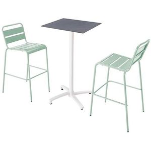 Oviala Business Set gelamineerde leisteen grijs en 2 saliegroene hoge tafels - groen Metaal 110608
