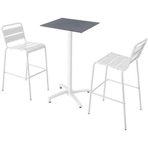 Oviala - Set hoge tafel met leisteen grijze laminaat en 2 hoge witte stoelen