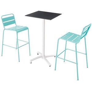 Oviala Business Set van zwarte laminaat hoge tafel en 2 turquoise hoge stoelen - blauw Metaal 110619