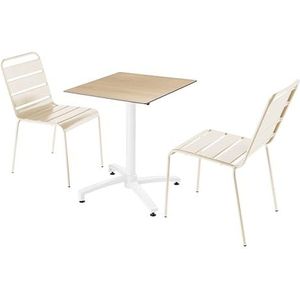 Oviala Business Set van eiken laminaat terrastafel en 2 ivoorkleurige stoelen - wit Metaal 110633
