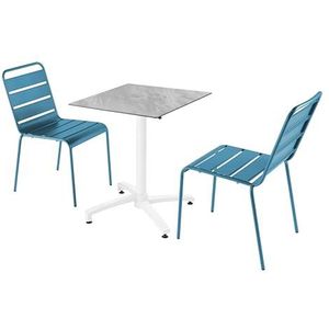 Oviala Business Gelamineerde marmeren terrastafelset met 2 Pacific blauwe stoelen - blauw Metaal 110638
