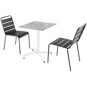Oviala Business Set van marmer laminaat terrastafel en 2 antraciet grijze stoelen - grijs Metaal 110639