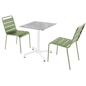 Oviala Business Set van marmer laminaat terrastafel en 2 cactusgroene stoelen - groen Metaal 110640