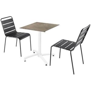 Oviala Business Set van beige marmeren laminaat terrastafel en 2 grijze stoelen - grijs Metaal 110647