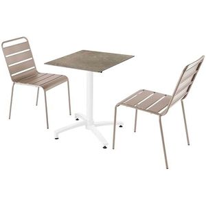 Oviala Business Set van beige marmeren laminaat terrastafel en 2 taupe stoelen - grijs Metaal 110648