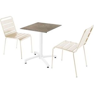 Oviala Business Set van beige marmeren laminaat terrastafel en 2 ivoorkleurige stoelen - wit Metaal 110649