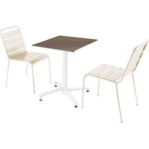 Oviala Business Set van terrastafel in taupe laminaat en 2 ivoorkleurige stoelen - wit Metaal 110652