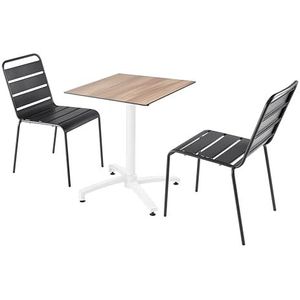 Oviala Business Set van donker eiken laminaat terrastafel en 2 grijze stoelen - grijs Metaal 110657
