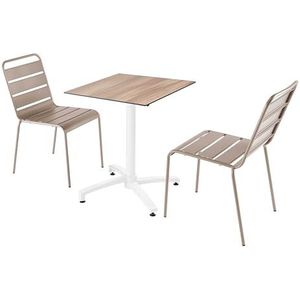 Oviala Business Set van donker eiken laminaat terrastafel en 2 taupe stoelen - grijs Metaal 110658