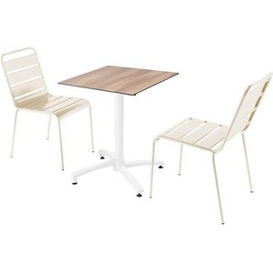 Oviala Business Set van donker eiken laminaat terrastafel en 2 ivoorkleurige stoelen - wit Metaal 110659