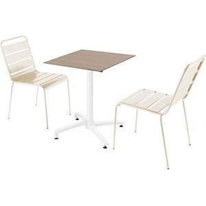 Oviala Business Set van licht eiken laminaat terrastafel en 2 ivoorkleurige stoelen - wit Metaal 110671