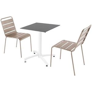 Oviala Business Set van leisteen laminaat terrastafel en 2 taupe stoelen - grijs Metaal 110676