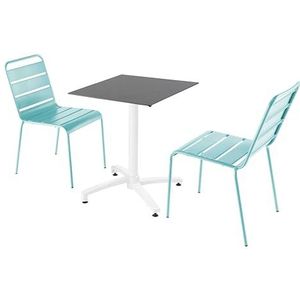 Oviala Business Set van leisteen laminaat terrastafel en 2 turquoise stoelen - blauw Metaal 110681