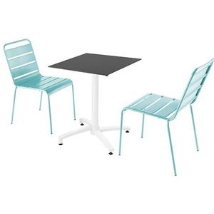 Oviala Business Set van zwarte laminaat terrastafel en 2 turquoise stoelen - blauw Metaal 110693