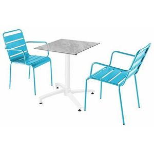Oviala Business Set van marmer laminaat terrastafel en 2 blauwe fauteuils - blauw Metaal 110716