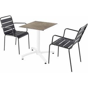 Oviala - Set tuintafel met beige marmeren laminaat en 2 grijze fauteuils