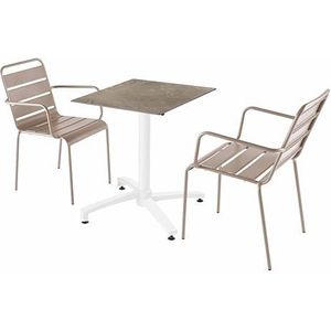 Oviala Business Set van beige marmeren laminaat terrastafel en 2 taupe fauteuils - grijs Metaal 110722
