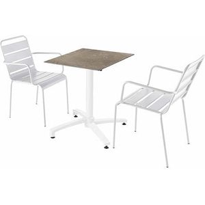 Oviala Set van beige gelamineerde tuintafel marmer en 2 fauteuils wit