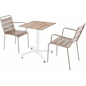 Oviala Business Donkere eiken laminaat terrastafelset met 2 taupe armstoelen - grijs Metaal 110732