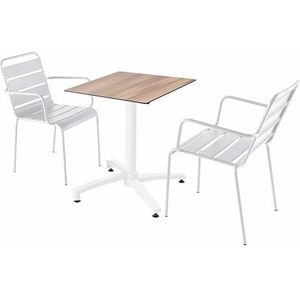 Oviala Business Set van donker eiken laminaat terrastafel en 2 witte fauteuils - wit Metaal 110734