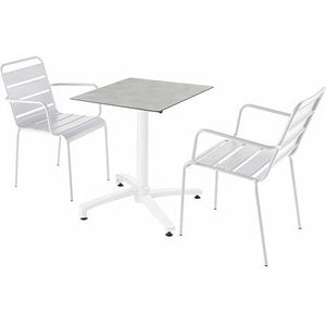 Oviala Business Set van betonnen laminaat terrastafel en 2 witte fauteuils - wit Metaal 110740