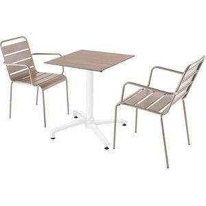 Oviala Business Set van licht eiken laminaat terrastafel en 2 taupe fauteuils - grijs Metaal 110742