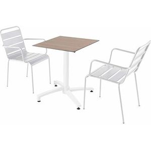 Oviala Business Set van licht eiken laminaat terrastafel en 2 witte fauteuils - wit Metaal 110746