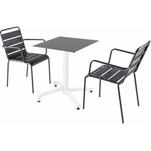 Oviala - Een tuintafel met leisteen laminaat en 2 grijze fauteuils