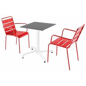 Oviala Business Set van leisteen laminaat terrastafel en 2 rode fauteuils - rood Metaal 110748