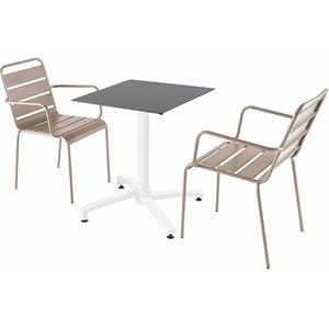 Oviala Business Set van terrastafel in leisteenlaminaat en 2 taupe fauteuils - grijs Metaal 110751