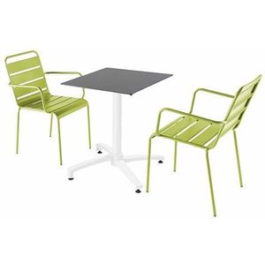 Oviala Business Set van terrastafel in leisteenlaminaat en 2 groene fauteuils - groen Metaal 110752