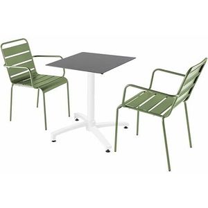 Oviala Business Set van terrastafel in leisteenlaminaat en 2 cactusgroene fauteuils - groen Metaal 110754