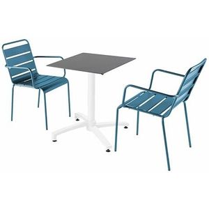 Oviala Business Set van terrastafel in leisteenlaminaat en 2 Pacific blauwe fauteuils - blauw Metaal 110755