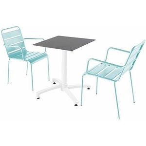 Oviala Business Set van leisteen laminaat terrastafel en 2 turquoise fauteuils - blauw Metaal 110756